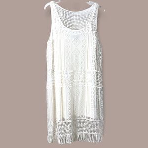 Ralph Lauren ivory crochet overlay fringe hem shift dress. PM petite medium